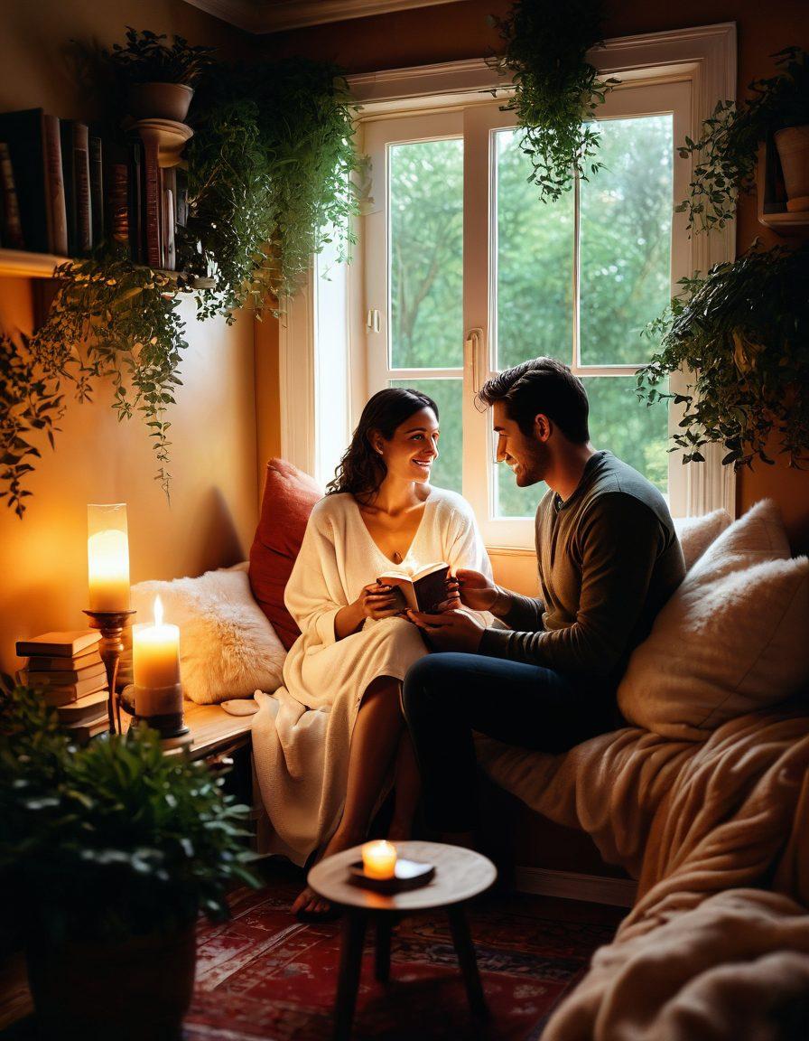 A warm, intimate scene depicting a couple enjoying a cozy moment together, surrounded by soft lighting, heart-shaped decor, and a backdrop of nature. They are sharing a heartfelt conversation over a cup of tea, with genuine smiles and affection radiating between them. Include elements like books on love and connection to enhance the theme. super-realistic. warm colors. soft focus.
