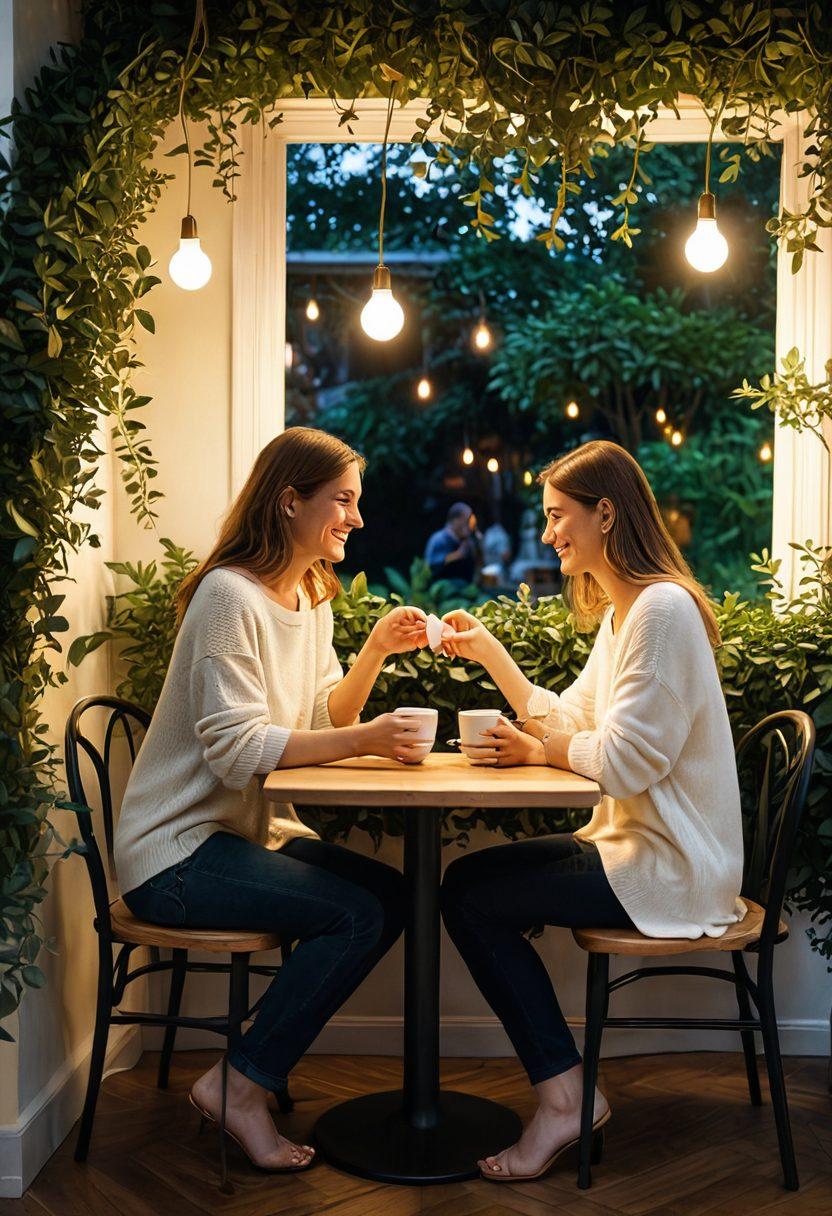 A warm and inviting scene of two people sitting at a cozy café table, deeply engaged in conversation with genuine smiles and open body language. A backdrop of lush greenery symbolizes growth, and soft light bathes the scene, highlighting their connection. Elements like a heart-shaped coffee pattern on their cups and intertwined hands enhance the theme of trust and understanding. illustration. soft colors. warm lighting.