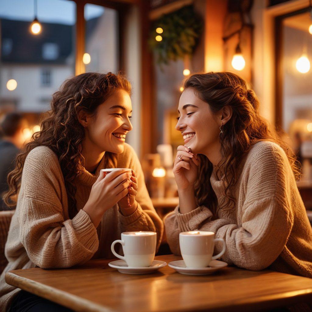 An intimate scene showcasing two friends sitting together at a cozy café, sharing laughter over coffee, with a warm ambiance filled with soft lighting and heartwarming decorations. In the background, a gentle sunset creates a romantic glow, symbolizing the transition from friendship to romance. Subtle elements like intertwined fingers or a shared dessert enhance the affectionate connection. super-realistic. warm tones. soft focus.